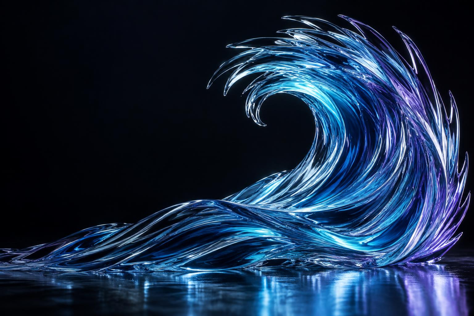 Sculptural ocean wave in electric cyan, blue, and violet glass